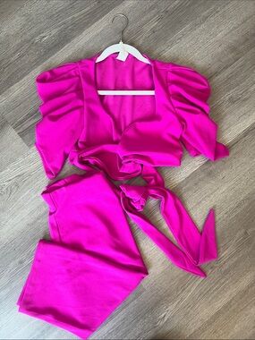 Bright Fuchsia Puff Sleeve Tie-Front Top and Matching Pants Set